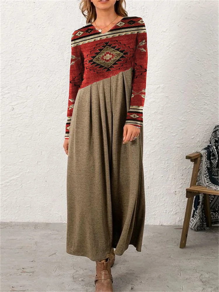 Western Aztec Contrast Cozy Pleated Maxi Dress