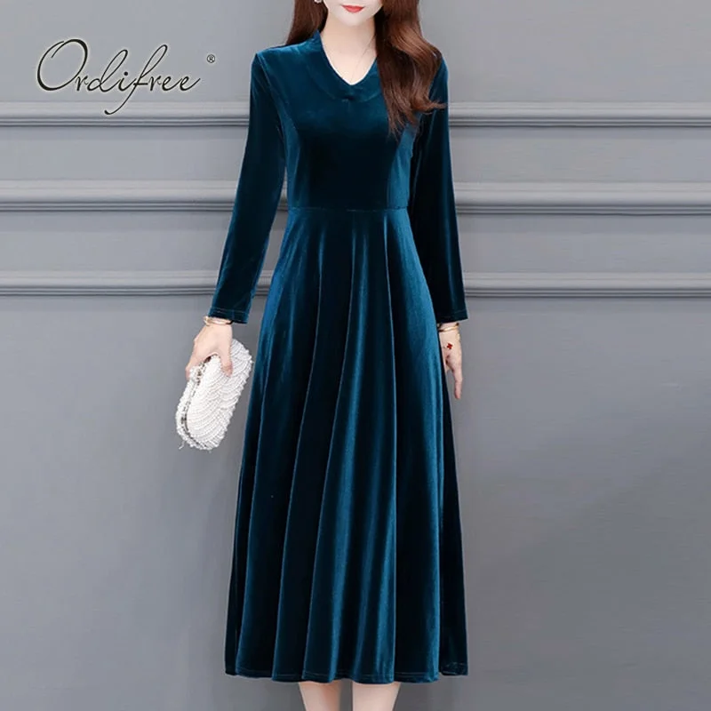 Ordifree 2021 Autumn Vintage Women Midi Party Dress Long Sleeve Burgundy Black Velvet Dress Plus Size 3XL 4XL 5XL 6XL