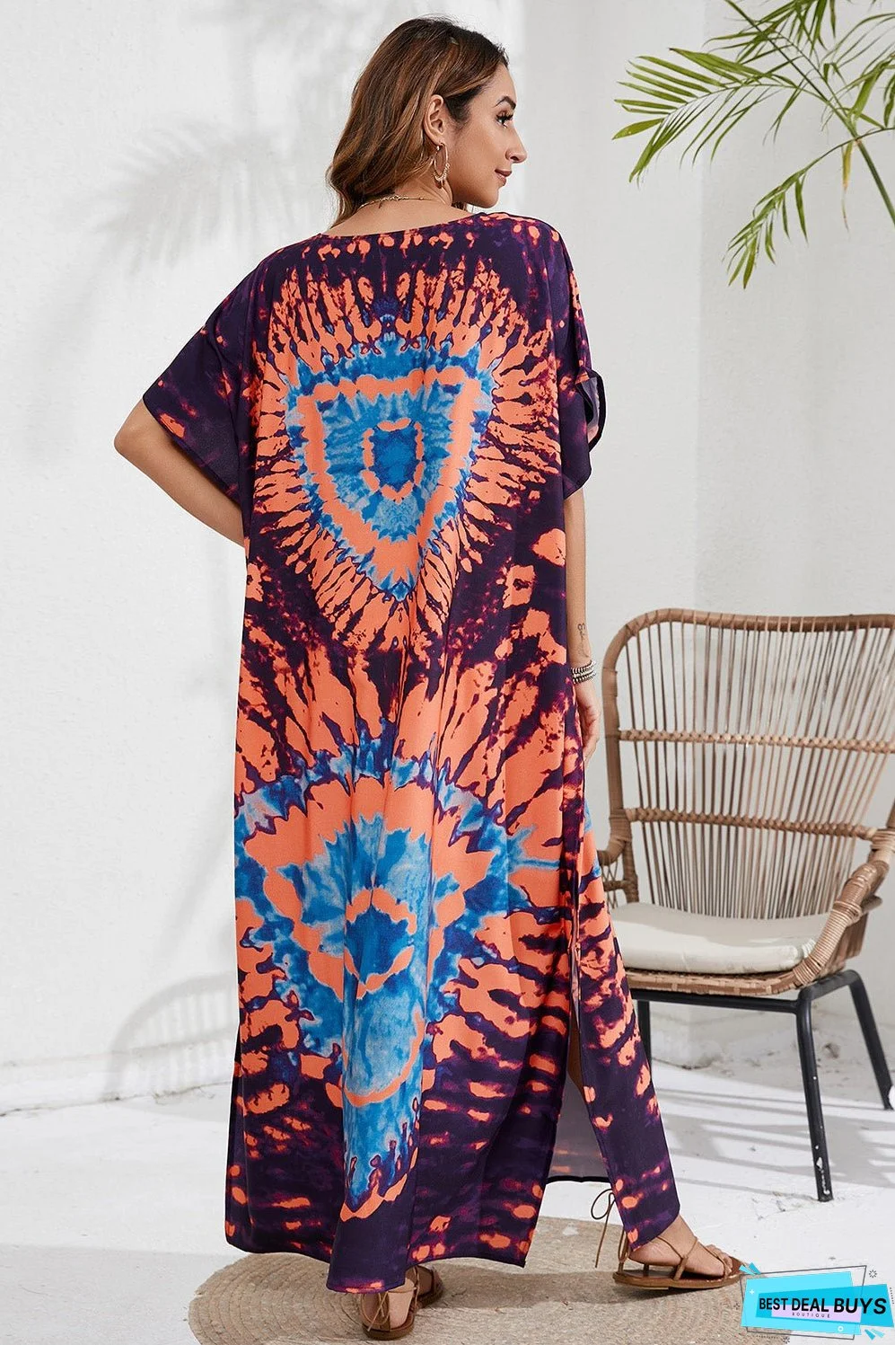 Slit Printed V-Neck Short Sleeve Cover Up