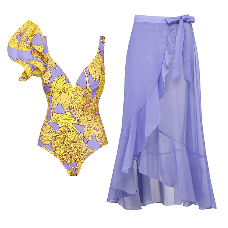 One Shoulder Ruffle Printed One Piece Swimsuit and Sarong Flaxmaker 