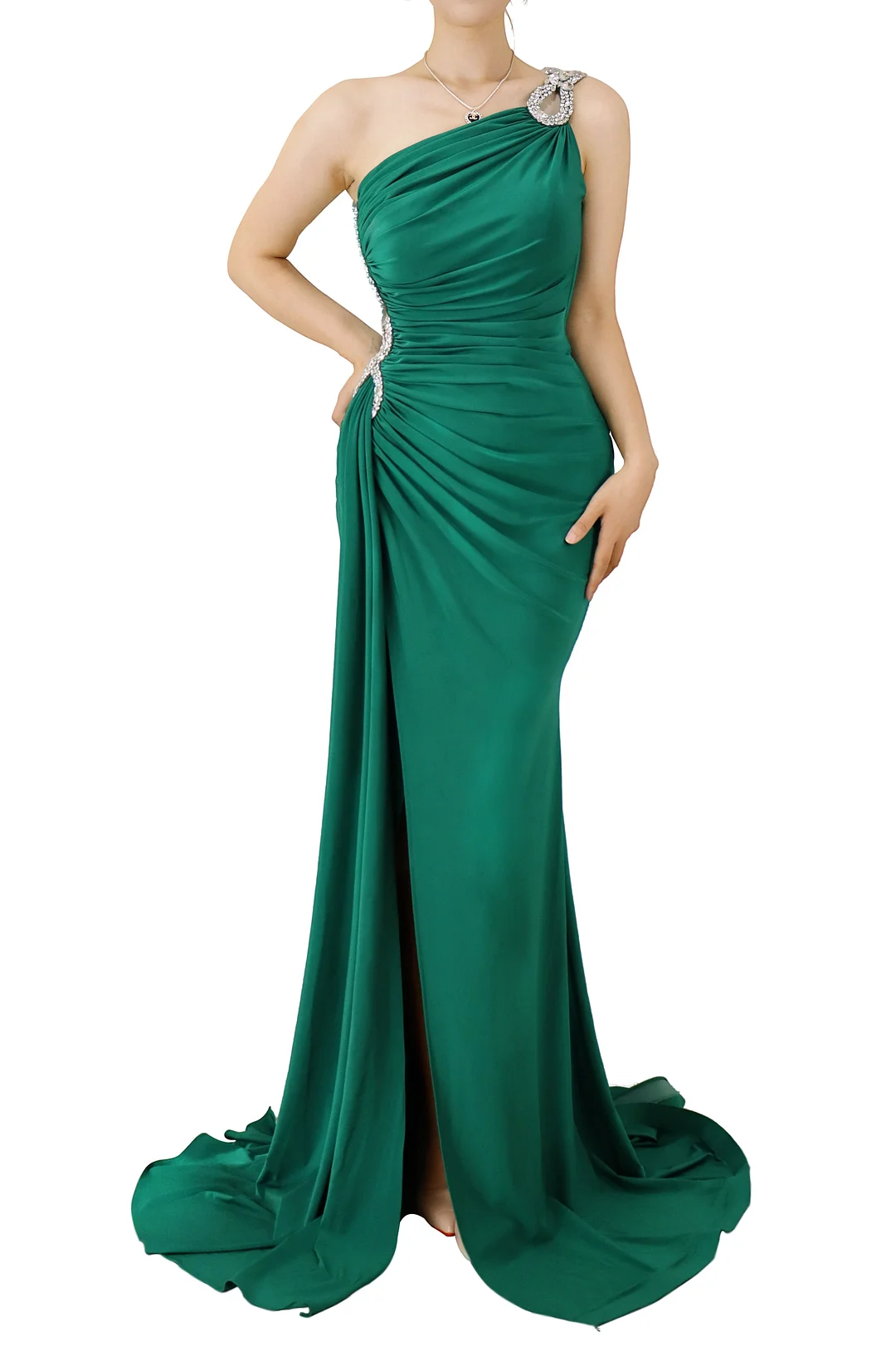 Beautiful Green Prom Dress One Shoulder Sleeveless With Slit YX00011