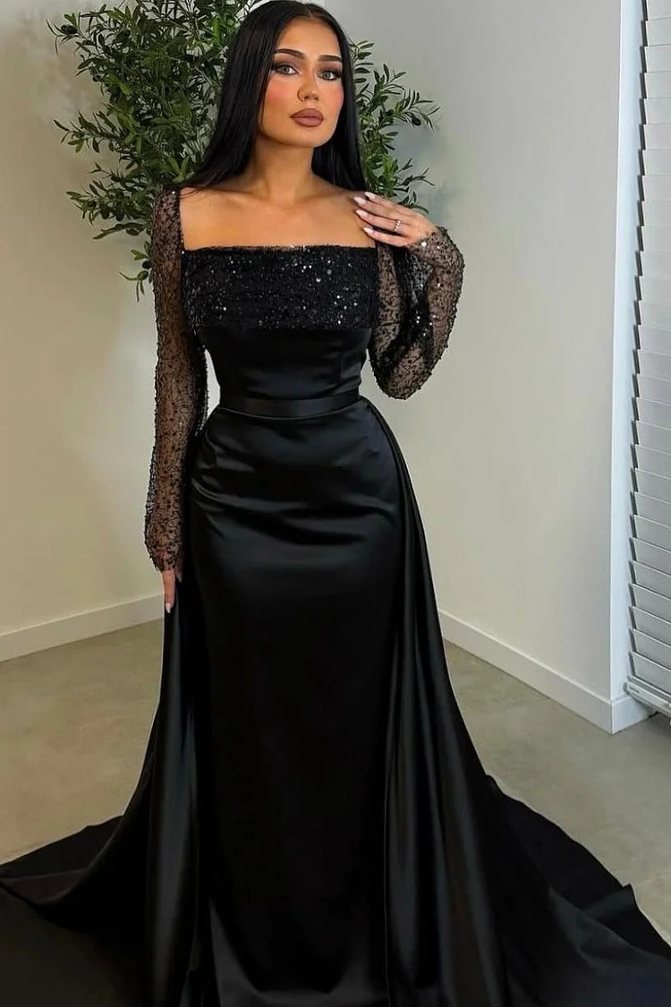 Oknass Black Square Neck Long Sleeves Long Pleated Prom Dress With Sequins