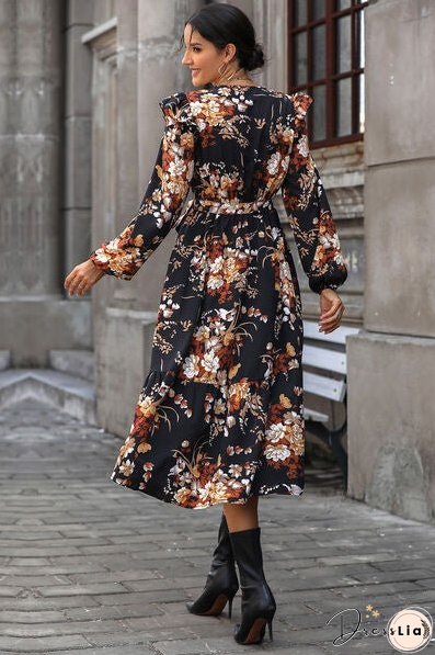 Floral Surplice Tie Front Ruffle Hem Midi Dress