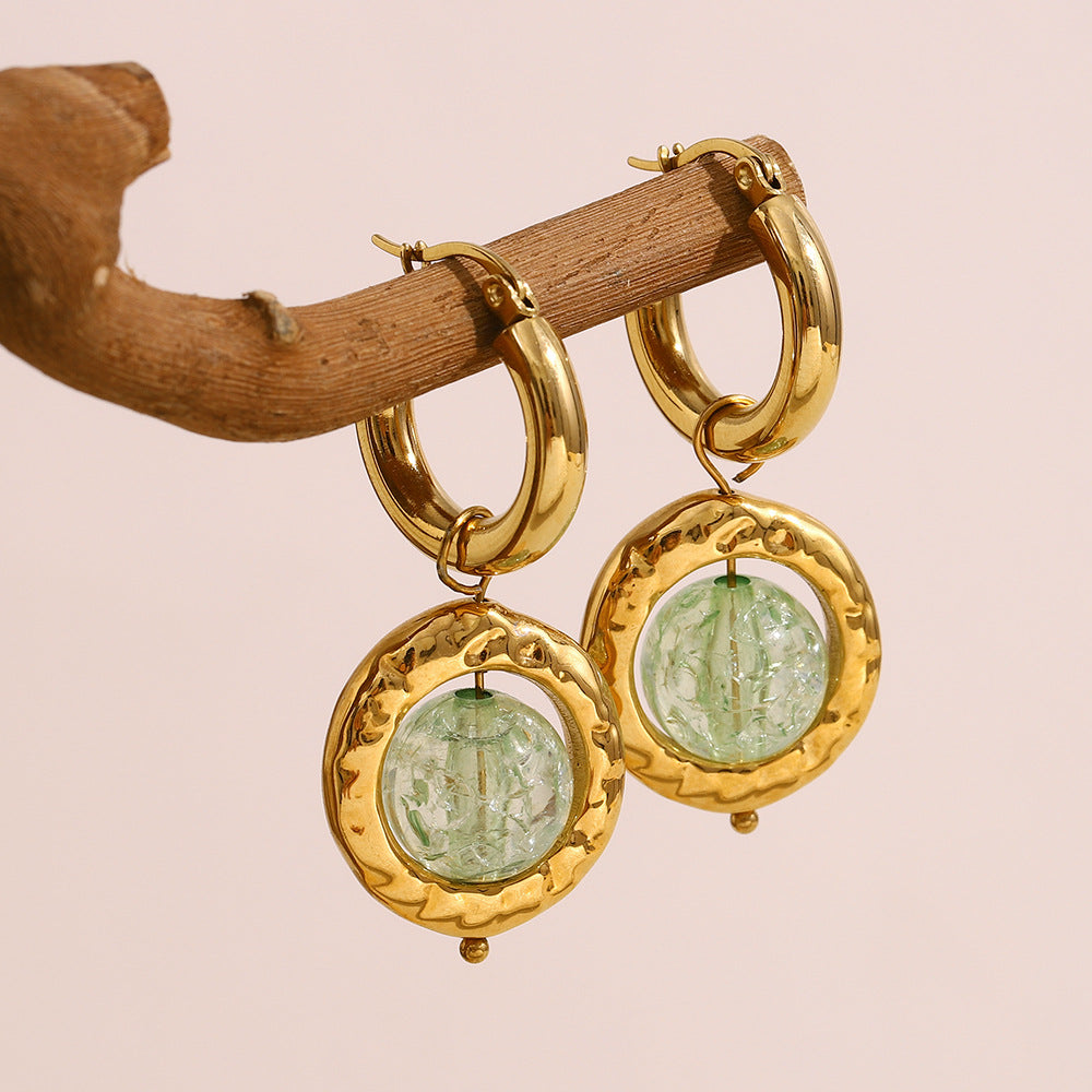 Fashion French Style Personalized Earrings Stainless Steel 18K Gold Plated Handmade Glass Pendant Earrings For Women