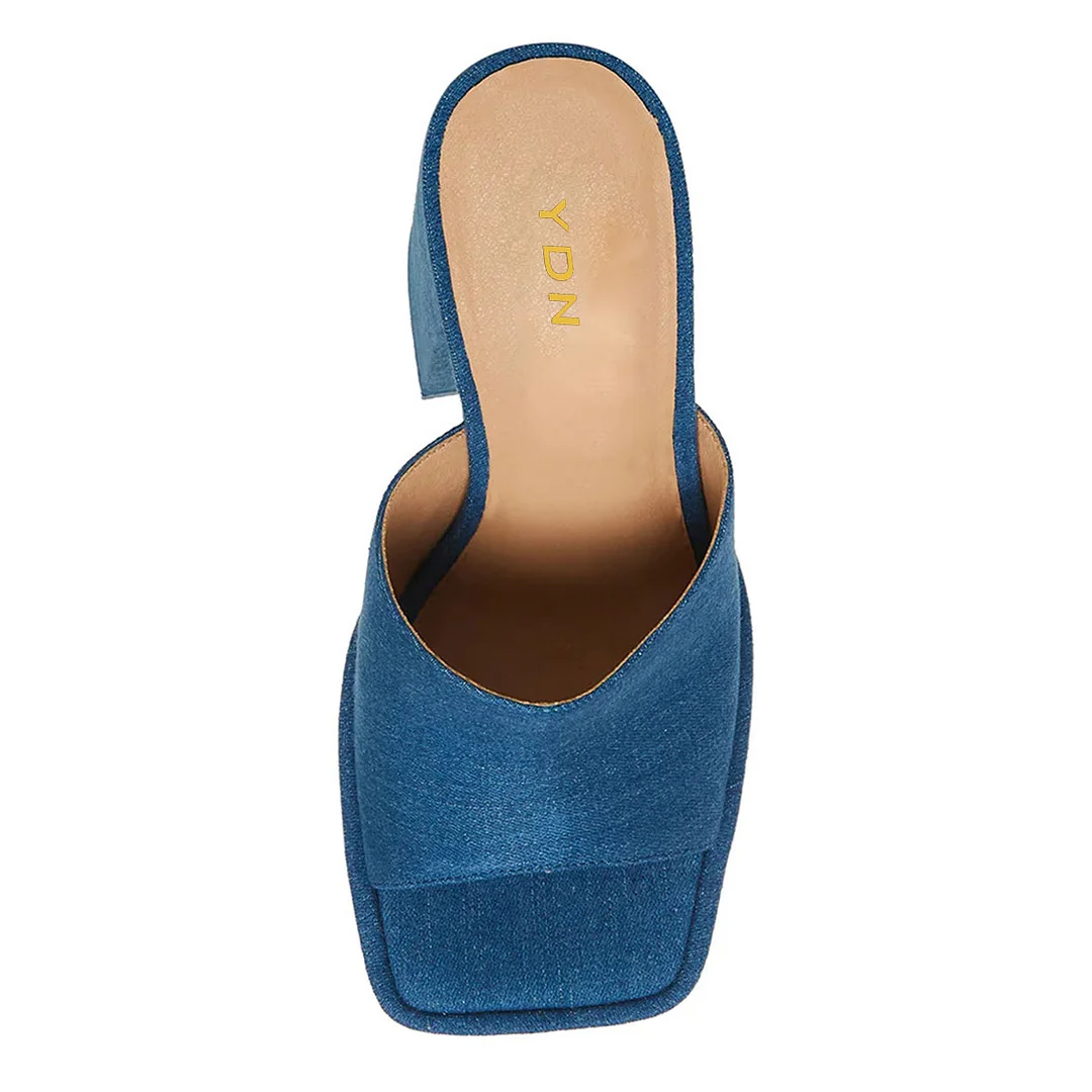 Blue Denim Square Toe Wide Band Platform Mules with Block Heel