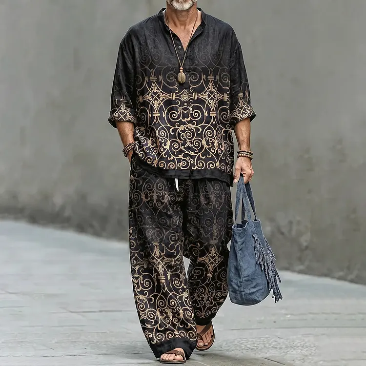 Men's Retro Geometric Art Print Shirt And Pants Two Piece Set