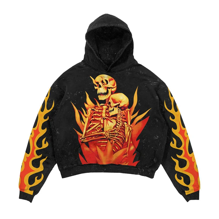 Flame Double Skull Lazy Street 3D Printing Loose Hooded long-sleeved Sweater Hoodie-VESSFUL
