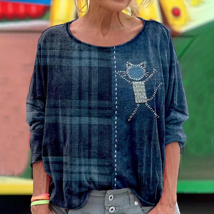 Cute Embroidered Cat Plaid Women's Vintage Linen Crew Neck T-shirt
