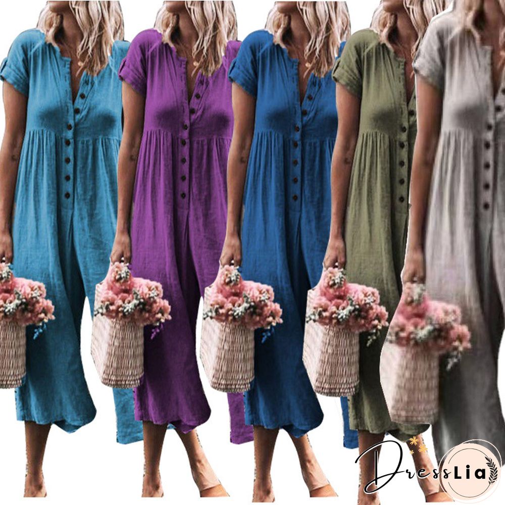 Women V Neck Short Sleeve Button Down Wide Leg Jumpsuits Rompers
