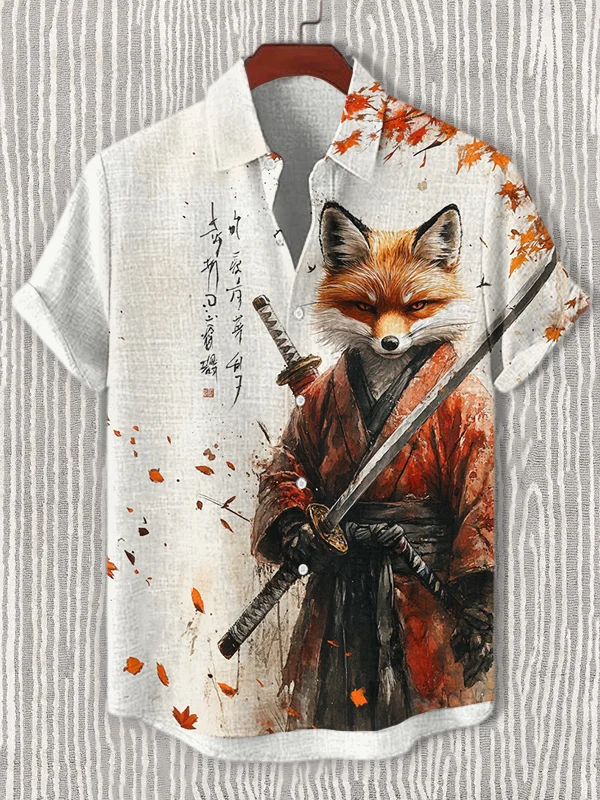 Men's Vintage Fox Samurai Print Short Sleeve Shirt