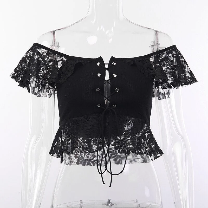 Black Sexy Lace Bandage Off Shoulder Tee Shirts Summer Women Crop Short Sleeve Tops Casual Beachwear Elegant Lady Tops New Wear