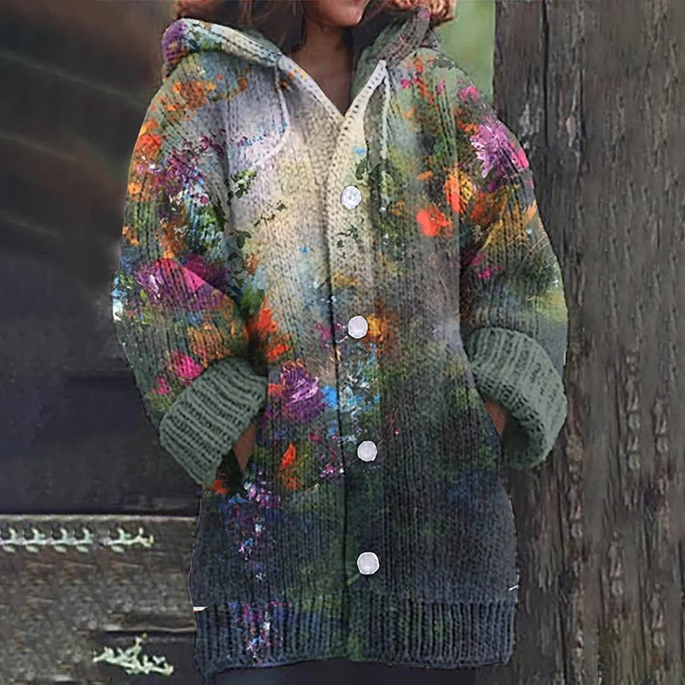 Women Vintage Floral Art Cozy Knit Button Hooded Cardigan