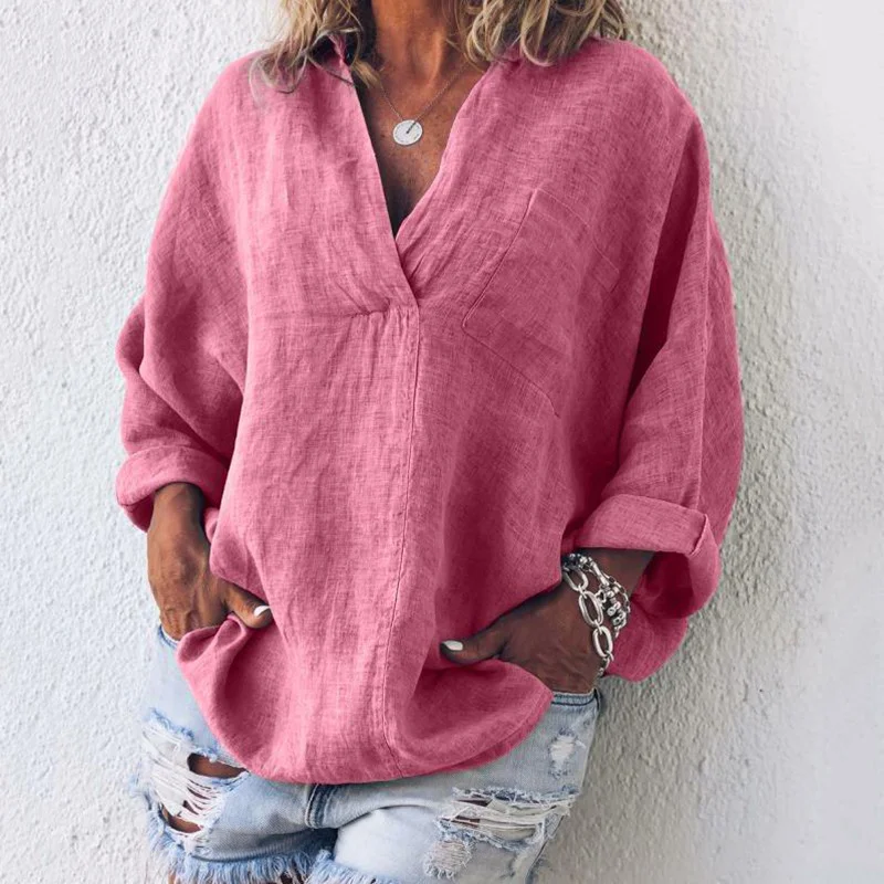 Ladies V-neck Cotton Solid Color Long-sleeved Blouse Linen