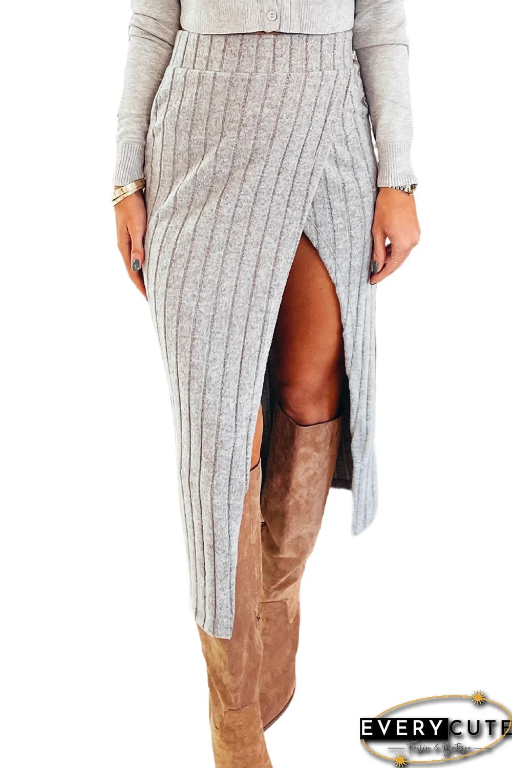 Gray Ribbed Knit Side Split High Waist Midi Skirt