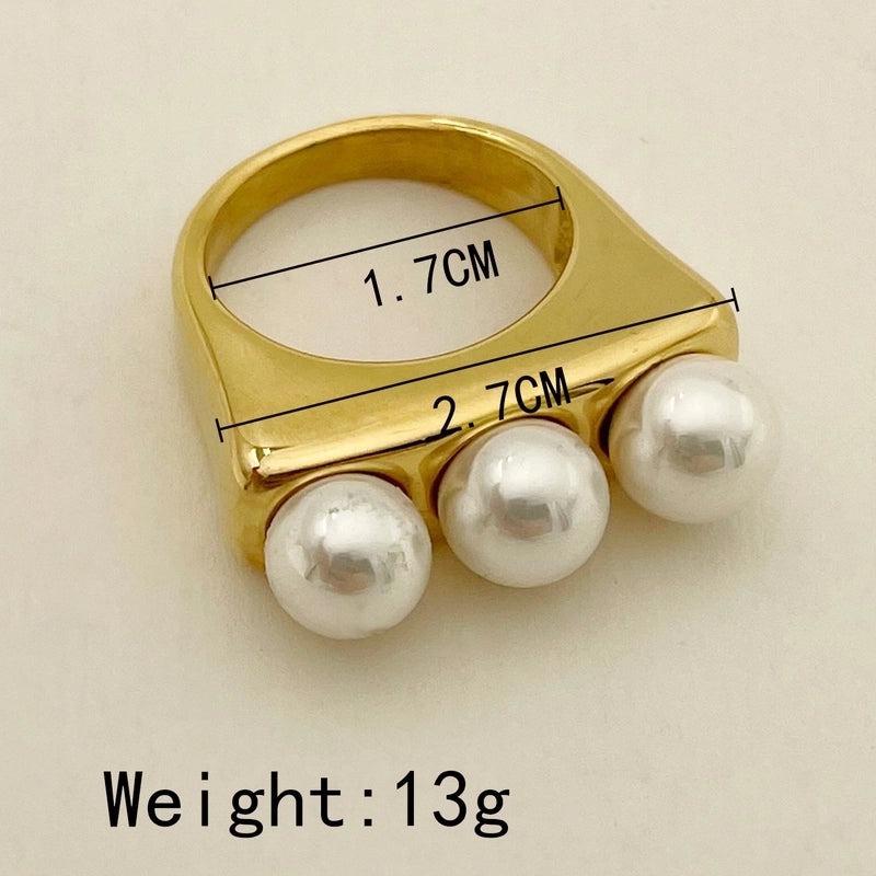 Fashion Geometric 304 Stainless Steel Pearl 14K Gold Plated Plating Inlay Stainless Steel Rings