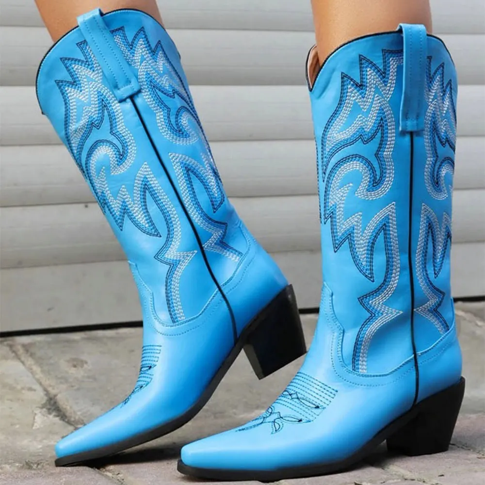 Mid Calf Block Heel Snip Toe Embroidered Blue Cowboy Boots for Women