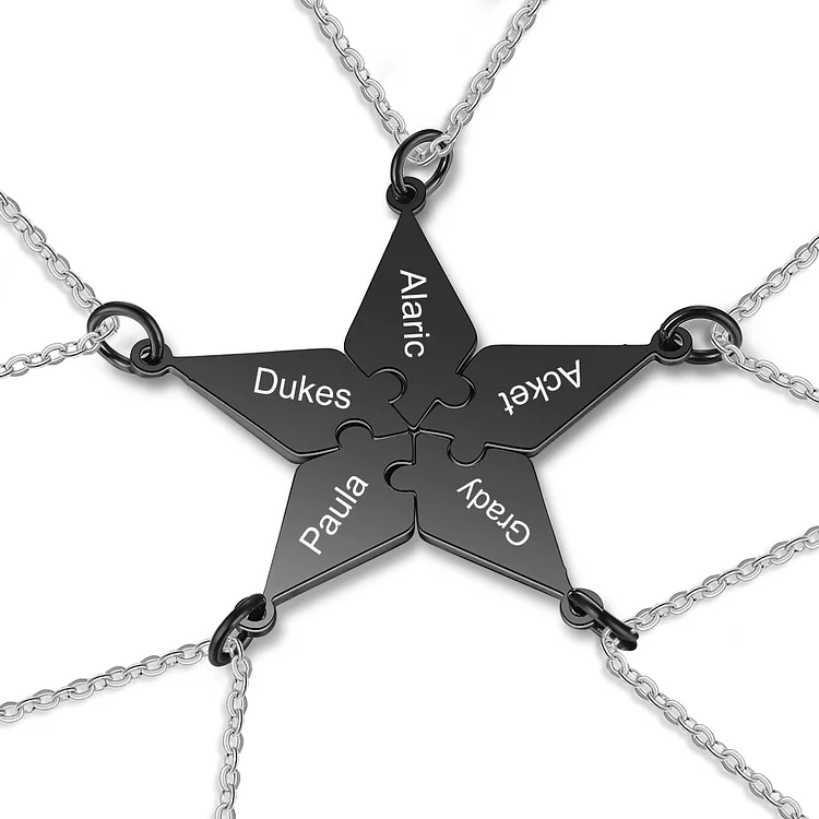 Personalized Puzzle Friendship Necklace Engraved Names Star Necklace in Black  5 Pcs