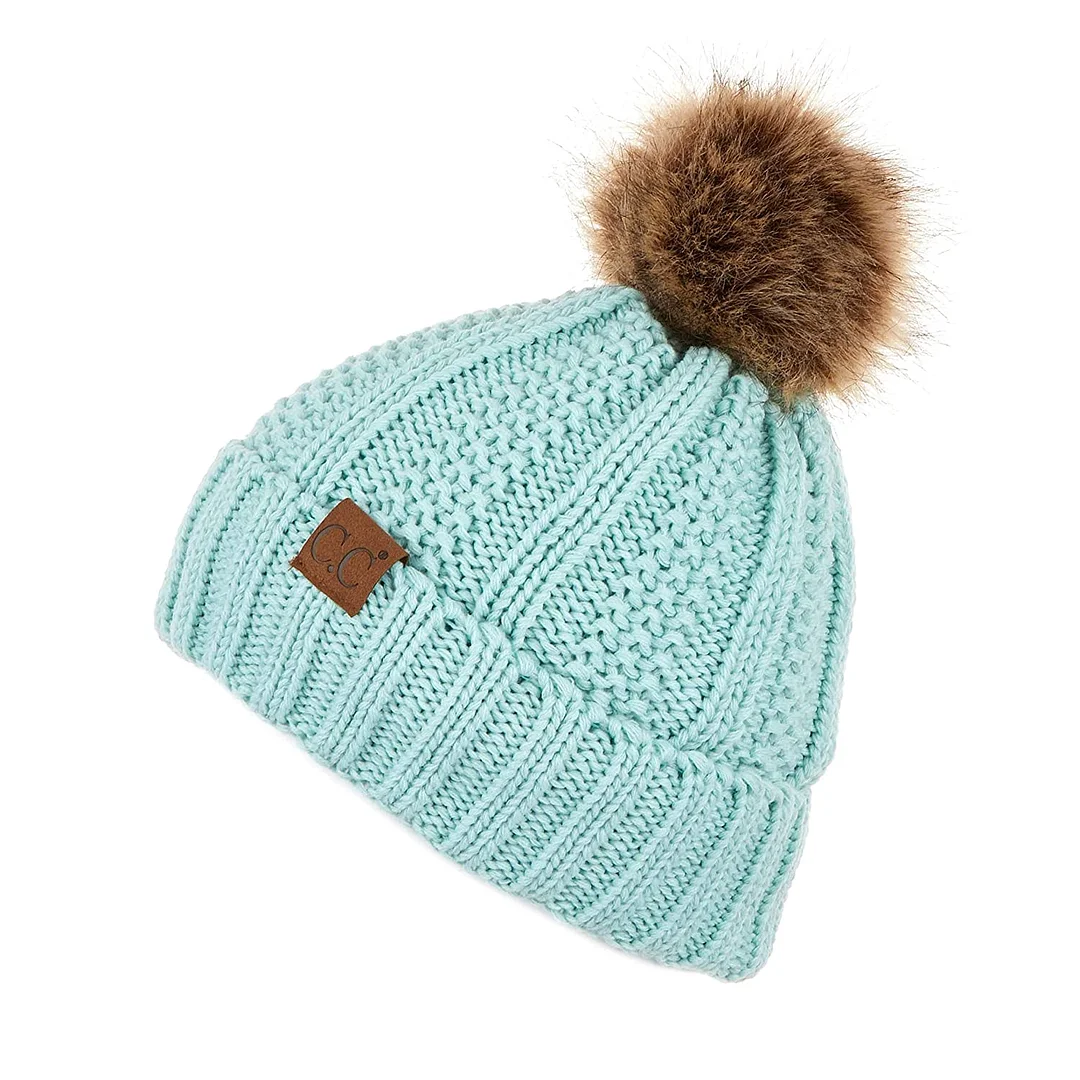 Exclusives Fuzzy Lined Knit Fur Pom Beanie Hat (YJ-820)