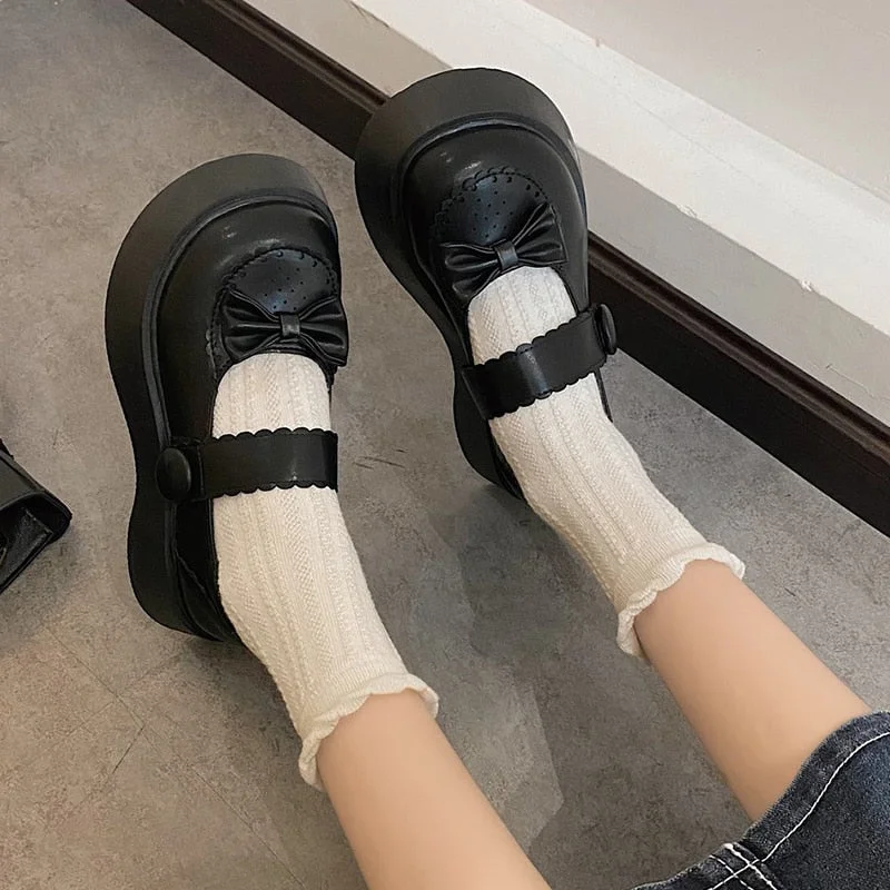Japanese Style Bowknot Lolita Shoes Woman Patent Leather Chunky Mary Jane Women Pumps Thick Bottom Black Platform Shoes