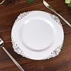 10 Pack | 8" Round Plastic Dessert Salad Plates In Vintage White, Silver Leaf Embossed Baroque Disposable Plates