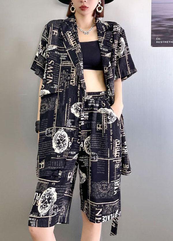 VCSHOES Black Print Summer Cinched Linen Short Sleeve Two Piece Suit Set