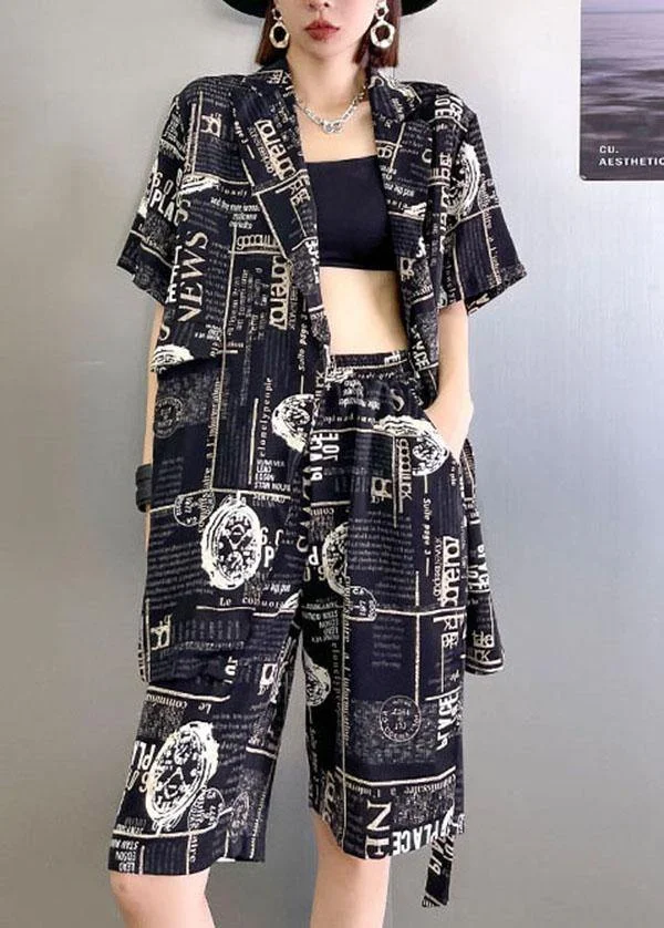 Art Black Print Summer Cinched Linen Short Sleeve Two Piece Suit Set