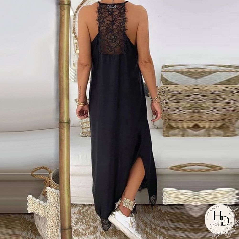 Women New Lace Backless Sling Long Dress Casual Harajuku Solid COlor Loose Slit Dress Sexy Lace Hem Patchwork Nightdress Vestido