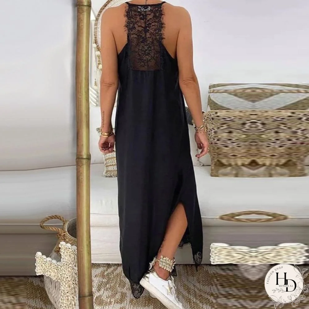 Women New Lace Backless Sling Long Dress Casual Harajuku Solid COlor Loose Slit Dress Sexy Lace Hem Patchwork Nightdress Vestido