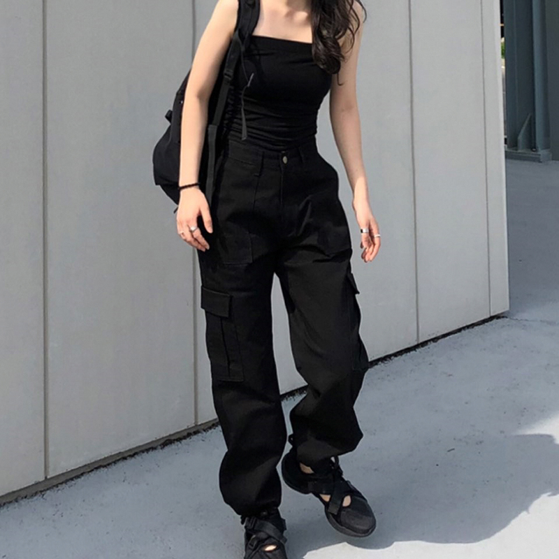 Women's Casual Solid Color Loose High Waist Cargo Pants