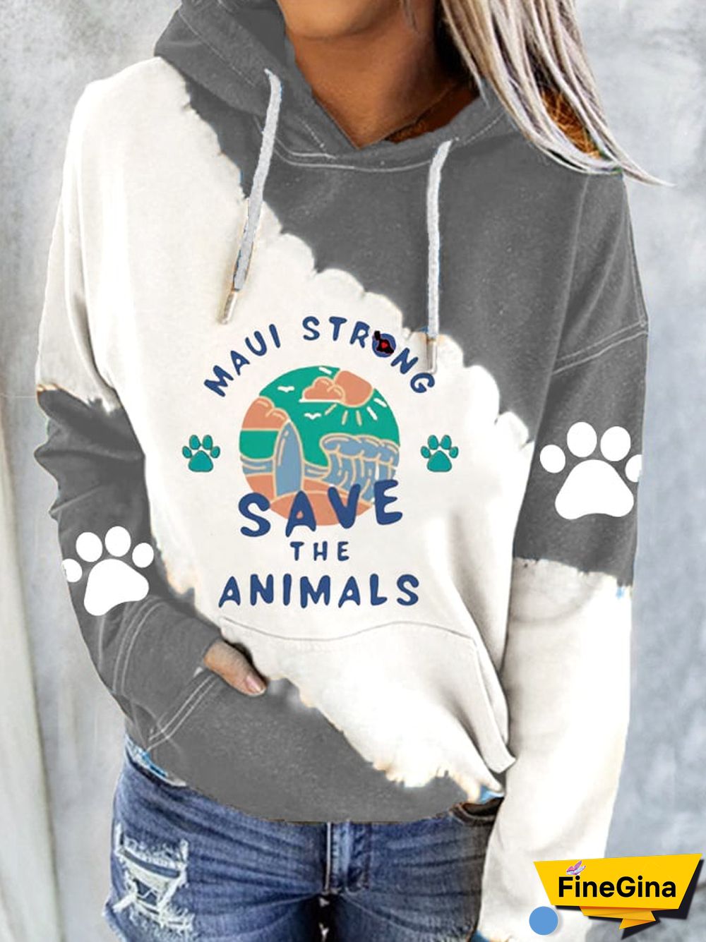 Women's Maui Strong Save The Animals Print Pocket Casual Hoodie