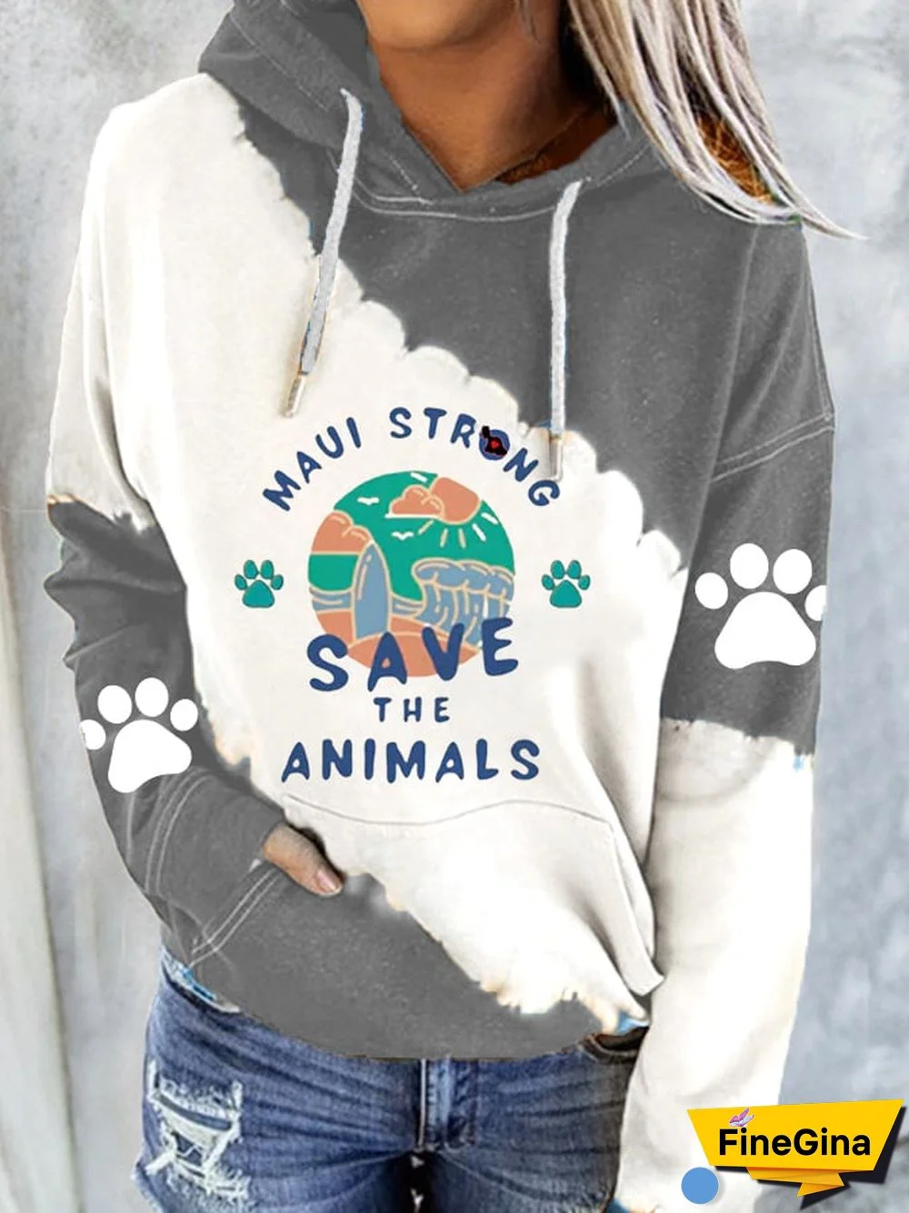 Women's Maui Strong Save The Animals Print Pocket Casual Hoodie