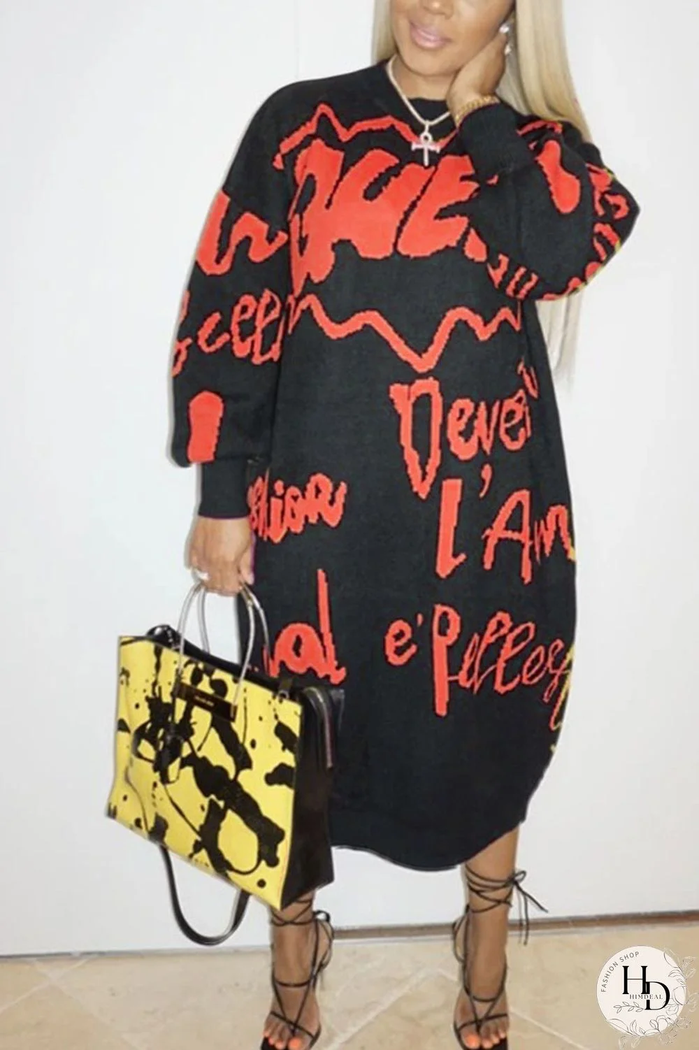 Red Polyester Spandex Air Layer Fabric Letter Print Letter Basic O Neck Long Sleeve Mid Calf Straight Dresses
