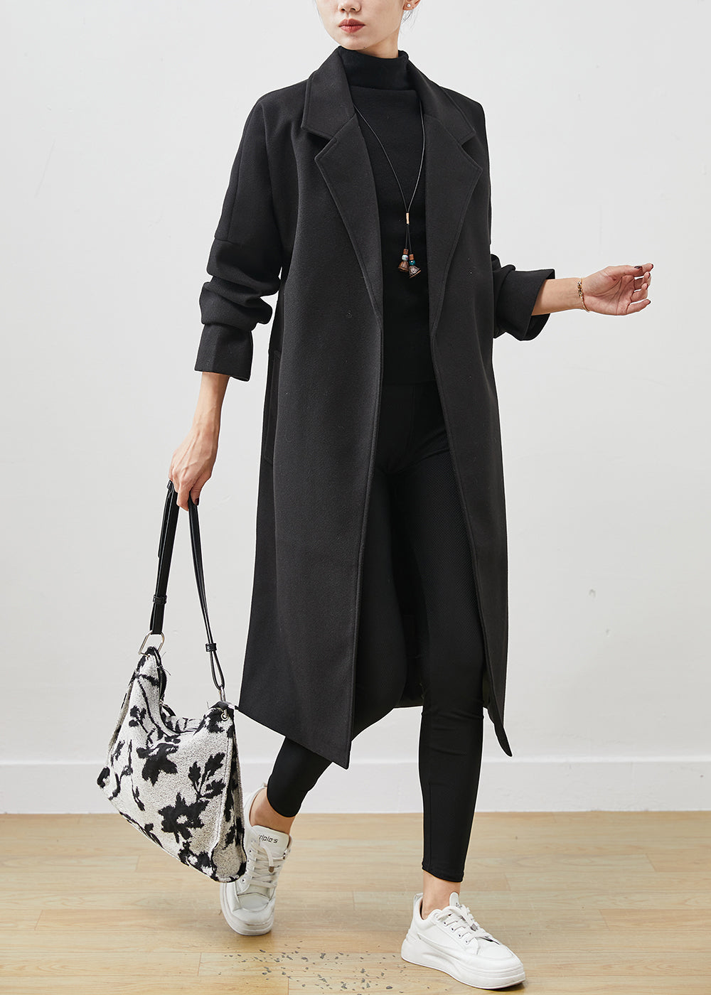 VCSHOES Black Peter Pan Collar Tie Waist Woolen Coats Spring