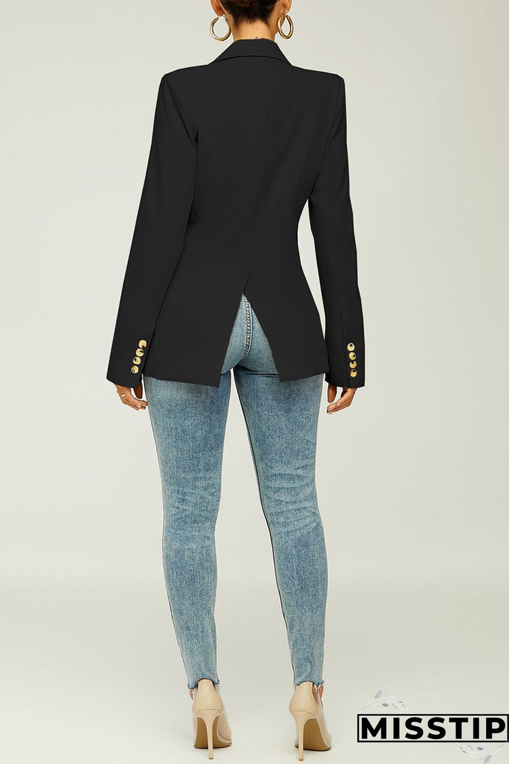 Black Casual Solid Patchwork Turn-back Collar Outerwear