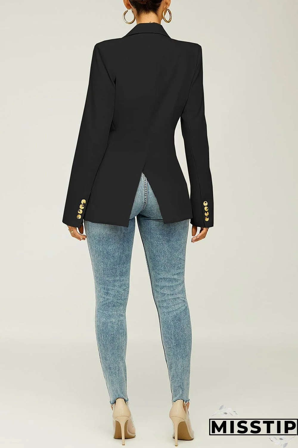 Black Casual Solid Patchwork Turn-back Collar Outerwear