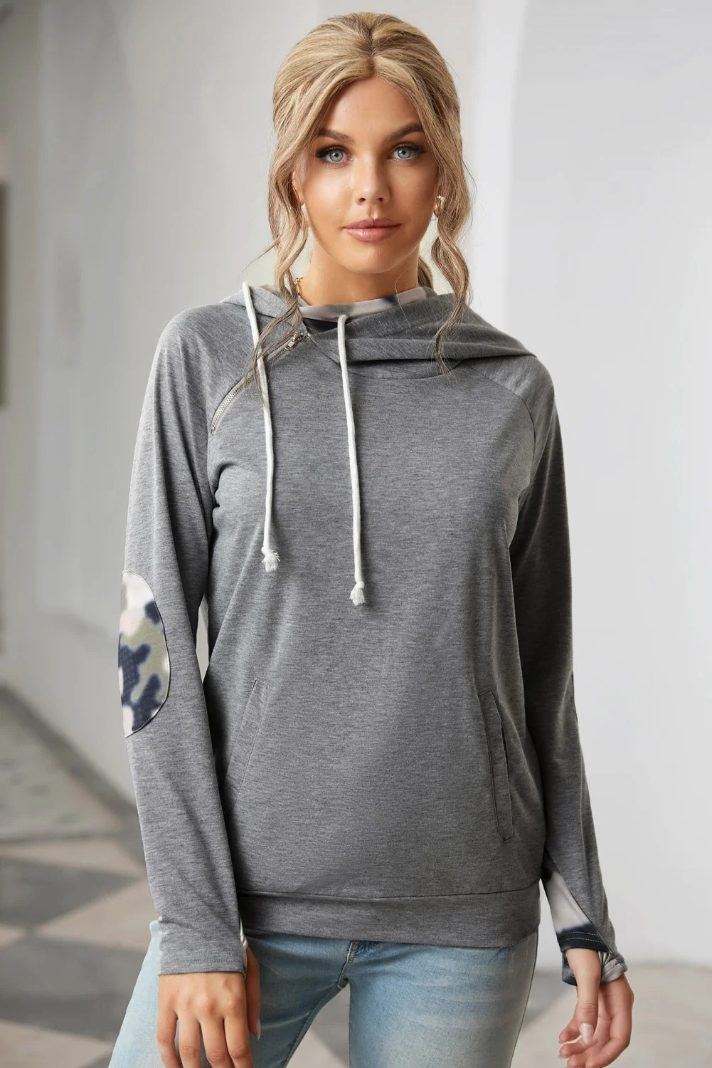Gray Double Hooded Sweatshirt with Camo Elbow Patch and Inner Hooded | IFYHOME