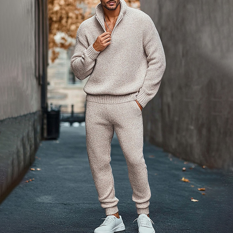 Comstylish Stylish Wool Half Zipper Sweater And Knitted Pants Two-Piece Set