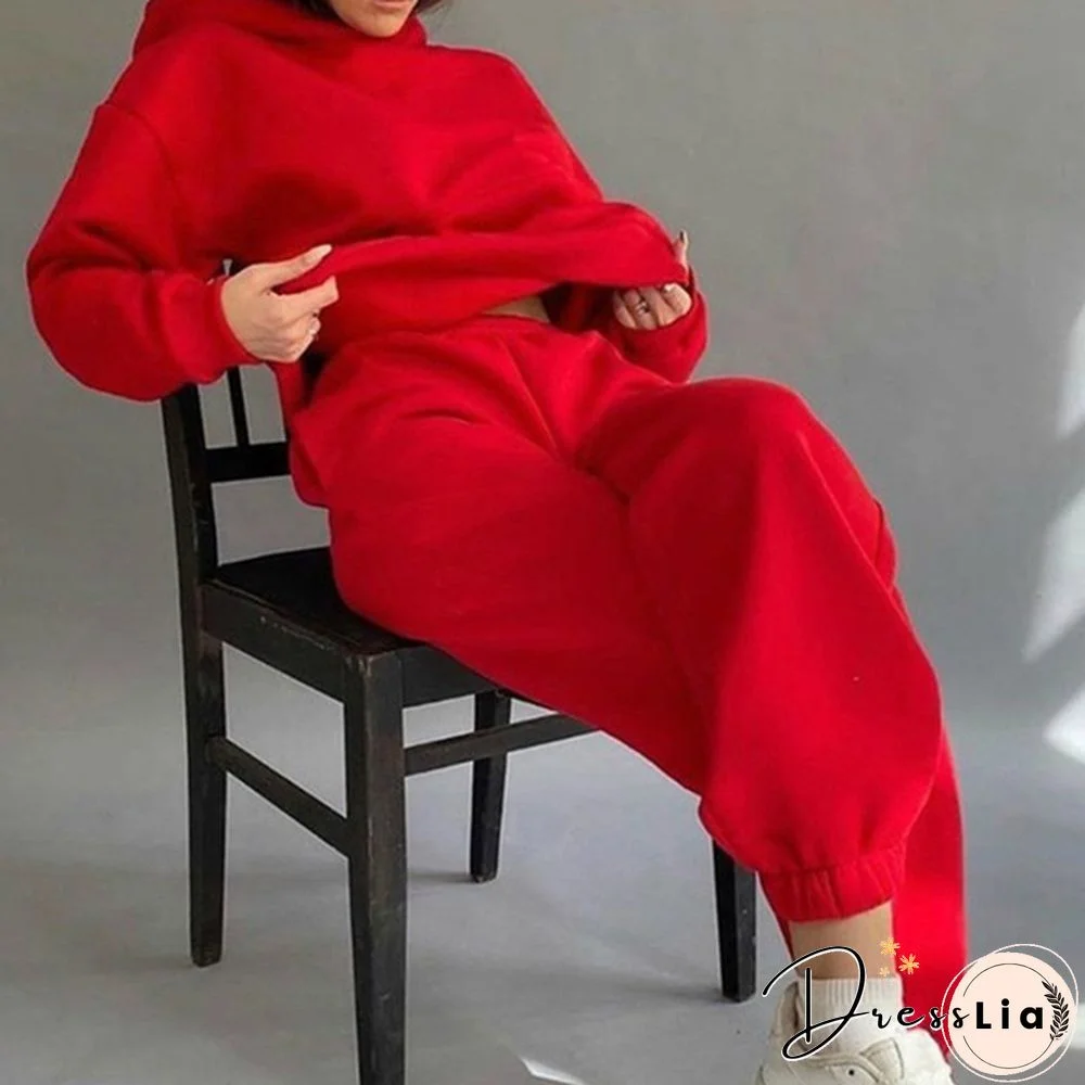 Women Hoodies Two Piece Set Long Sleeve Solid Casual Pocket Sweater Suit Spring Elastic Sport Pants Female Tracksuit