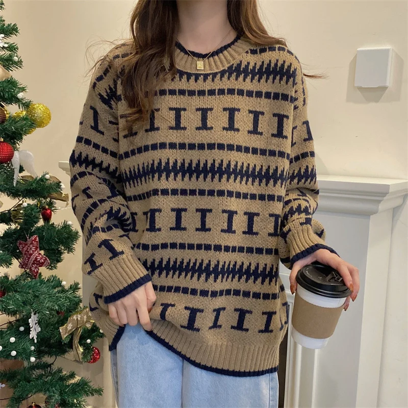 Toloer Toloer Autumn And Winter New Korean Personality Pullover Sweater Female Jacquard Loose Retro Wind Round Collar Long Sleeve Knit Female-Outfit Ideas