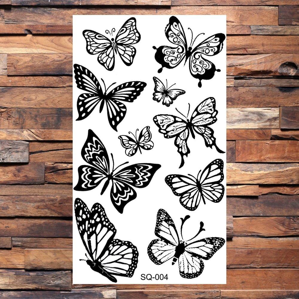 Small Butterfly Temporary Tattoos For Women Girls Realistic Skull Rose Flower Snake Feather Fake Tattoo Sticker Back Arm Tatoos