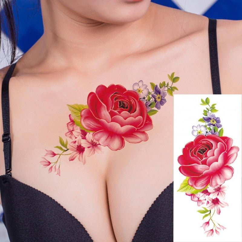 1 piece flash henna tattoo fake temporary tattoos stickers red rose flowers arm shoulder tattoo waterproof women on body
