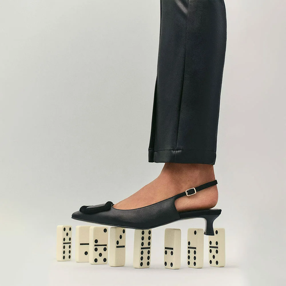 Black Faux Leather Pointed Toe Kitten Heel Buckle Slingback Pumps