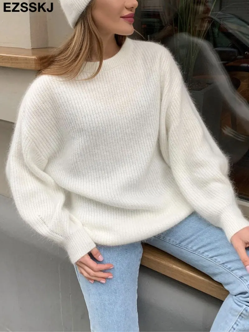 EZSSKJ Soft oversized Cashmere Sweaters Women 2021 puff sleeve Winter sweater Pullovers Loose Female  Warm Basic sweater Jumper