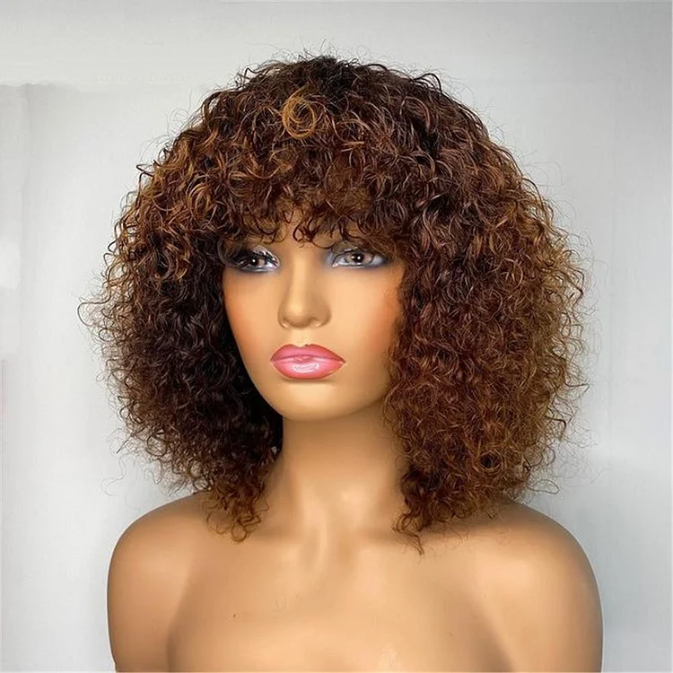 Light Brown/Black Color Brazilian Remy Curly Hair Wig With Bangs Glueless Wigs