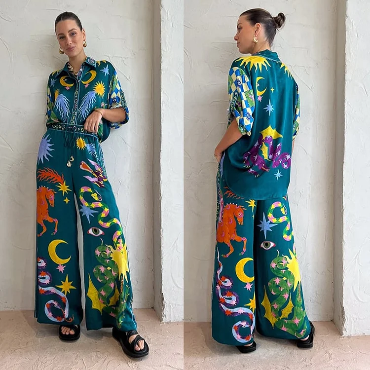 Beachy Chic Unique Print Button Down Oversized Two-Piece Set