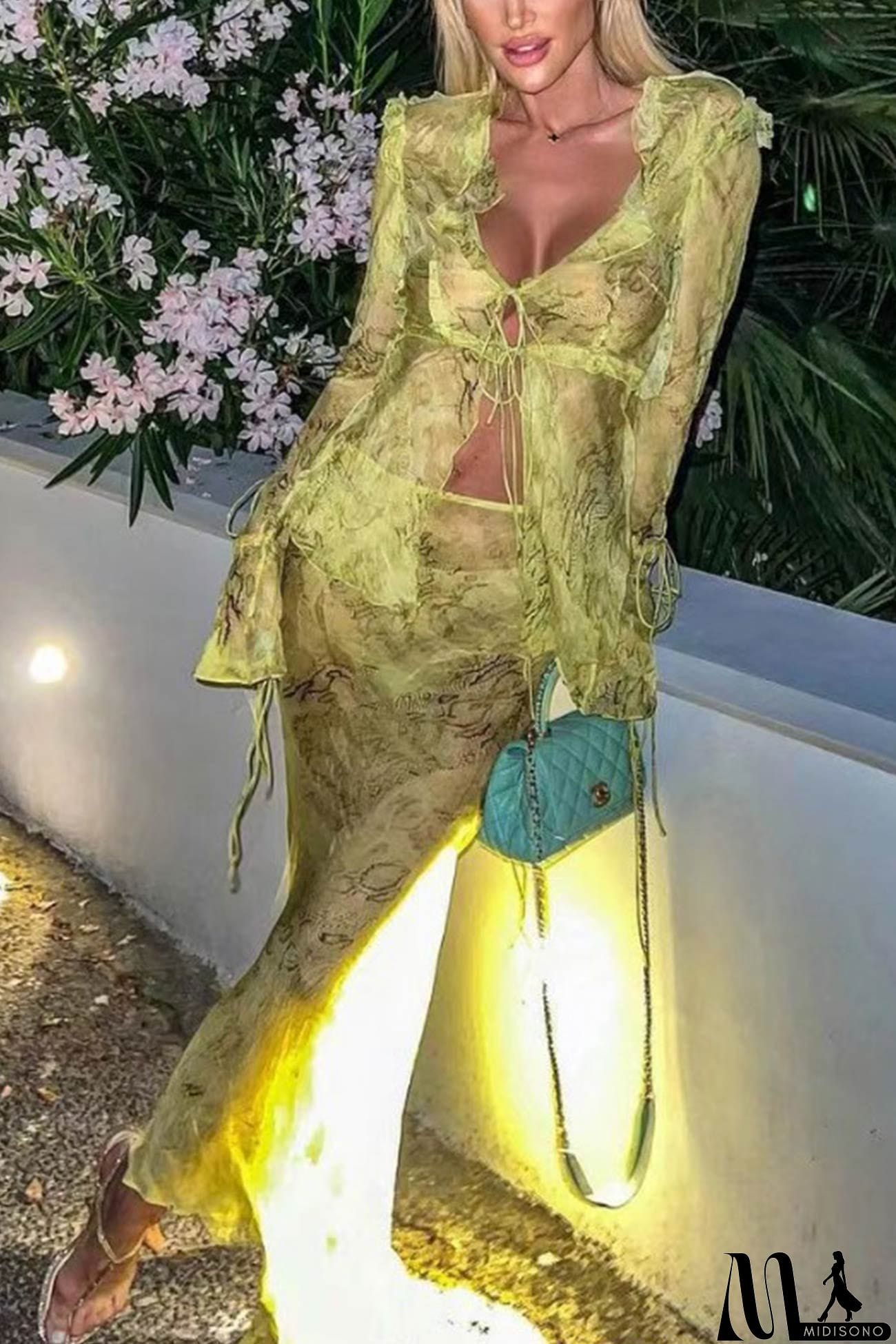 MidiSono - Mesh Printed Strappy Cardigan Skirt Suits