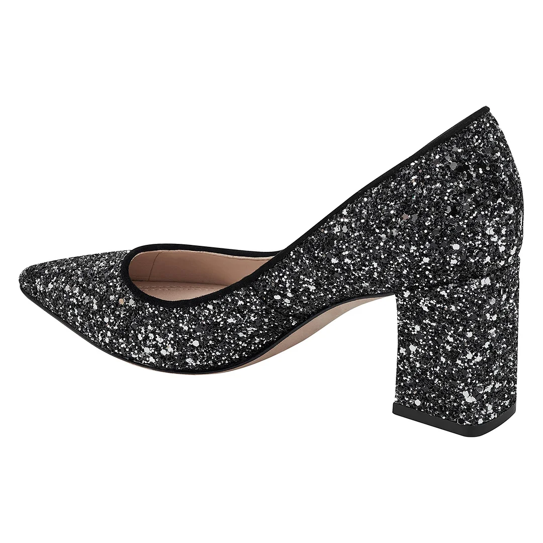 Black Glittery Touch Pointed Toe Block Heel Sparkling Pumps