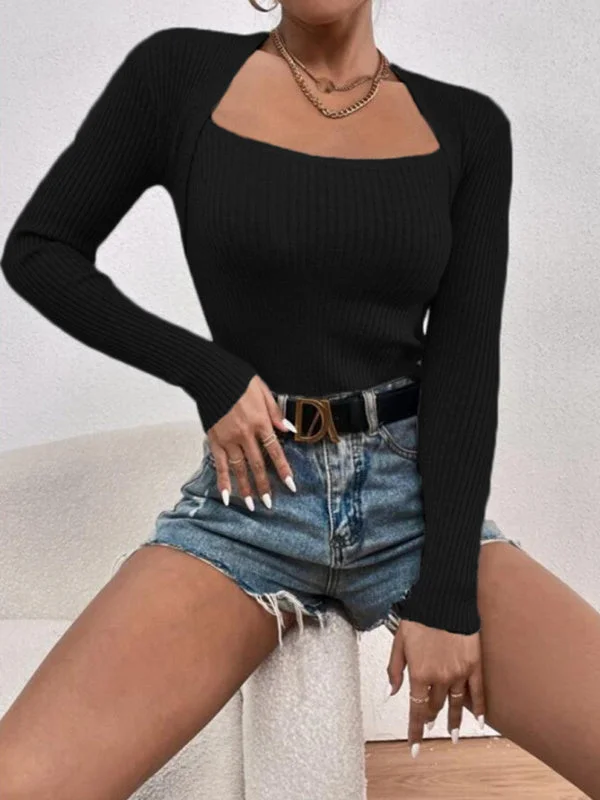 Slim Long Sleeve knitted Square Neckline Tops