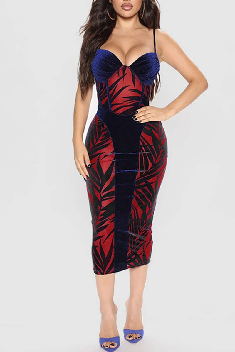 Red Sexy Print Patchwork Spaghetti Strap Sling Dress Dresses | EGEMISS