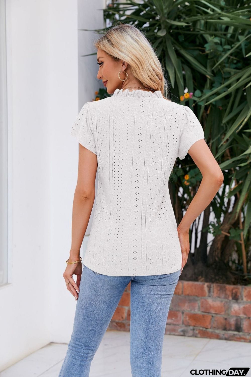 Notched Neck Puff Sleeve Blouse